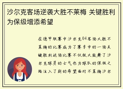 沙尔克客场逆袭大胜不莱梅 关键胜利为保级增添希望