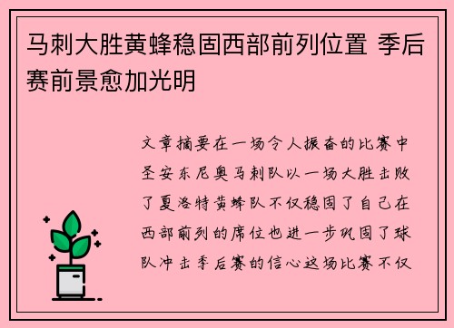 马刺大胜黄蜂稳固西部前列位置 季后赛前景愈加光明