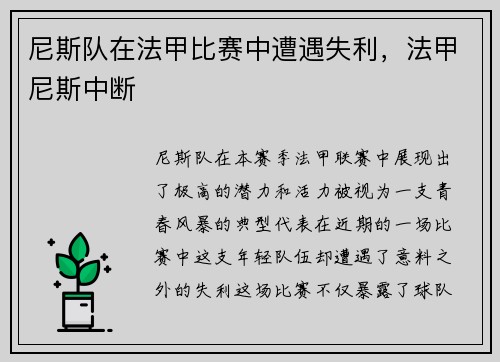 尼斯队在法甲比赛中遭遇失利，法甲尼斯中断