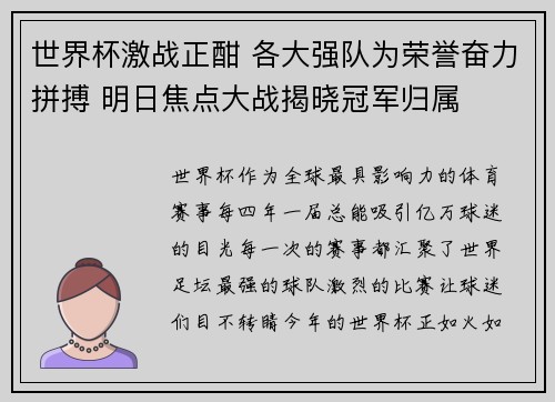世界杯激战正酣 各大强队为荣誉奋力拼搏 明日焦点大战揭晓冠军归属